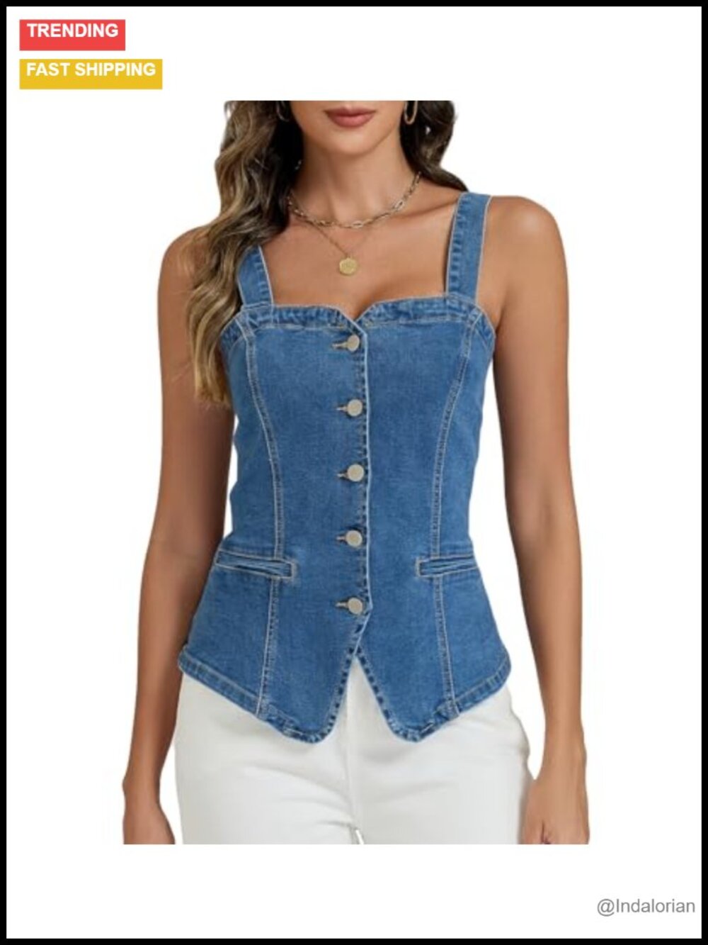 Stretchy Denim Corset Tank Top Adjustable Straps Button Down Jean Vest Women